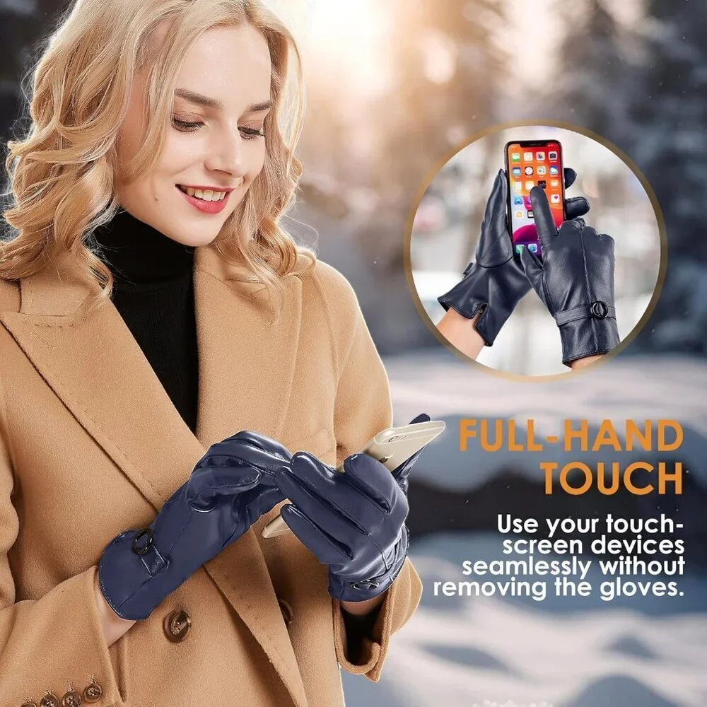 Women's Navy Lambskin Leather Gloves Warm Touchscreen Winter Driving Gift